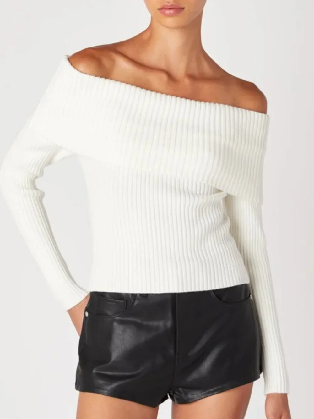 BlankNYC Ivory Ribbed Sweater Fast Talker Off Shoulder Off-White Size L